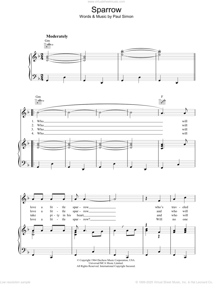 Sparrow sheet music for voice, piano or guitar by Simon & Garfunkel and Paul Simon, intermediate skill level