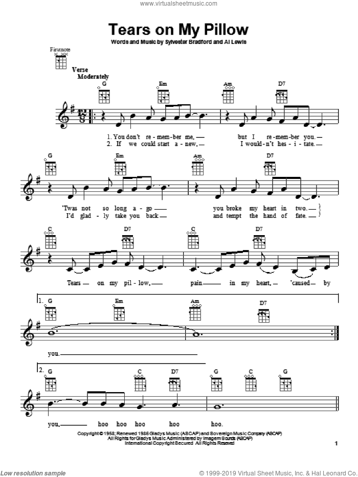Tears On My Pillow sheet music for ukulele by Little Anthony & The Imperials, intermediate skill level