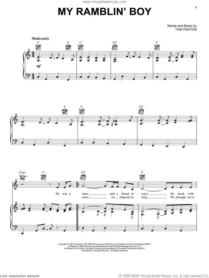 My Ramblin' Boy sheet music for voice, piano or guitar by Tom Paxton, intermediate skill level