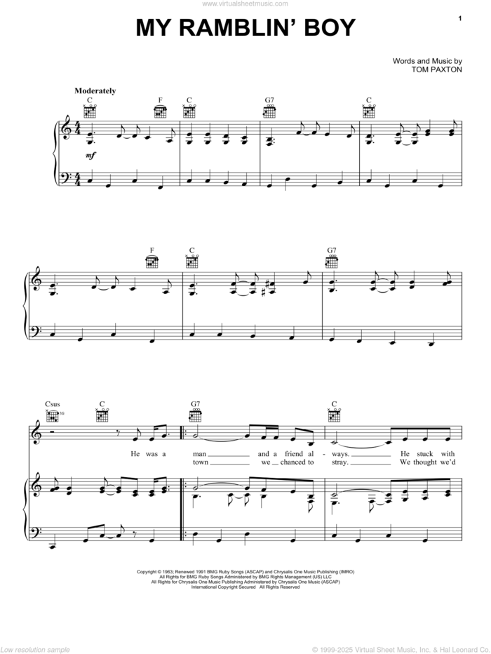 My Ramblin' Boy sheet music for voice, piano or guitar by Tom Paxton, intermediate skill level