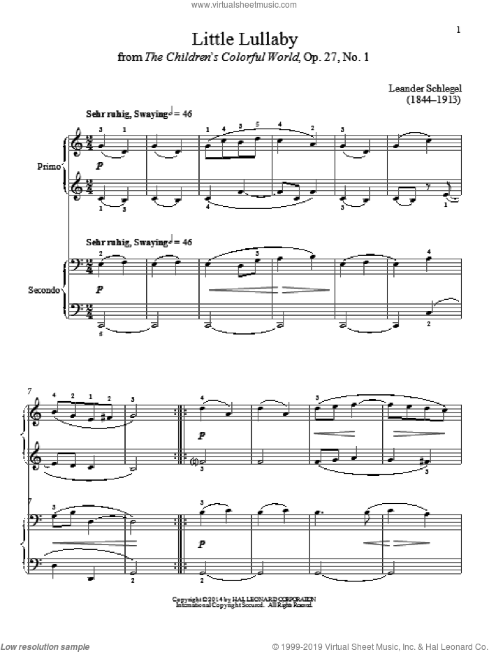 Little Lullaby sheet music for piano four hands by Bradley Beckman and Carolyn True, classical score, intermediate skill level