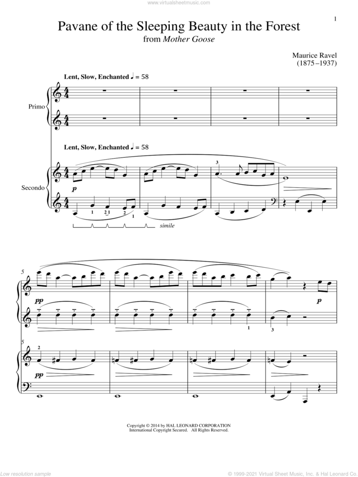 Pavane Of The Sleeping Beauty In The Forest sheet music for piano four hands by Bradley Beckman and Carolyn True, classical score, intermediate skill level