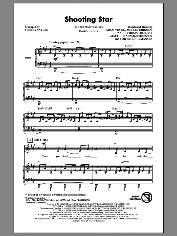 Shooting Star sheet music for choir (3-Part Mixed) by Audrey Snyder and Owl City, intermediate skill level
