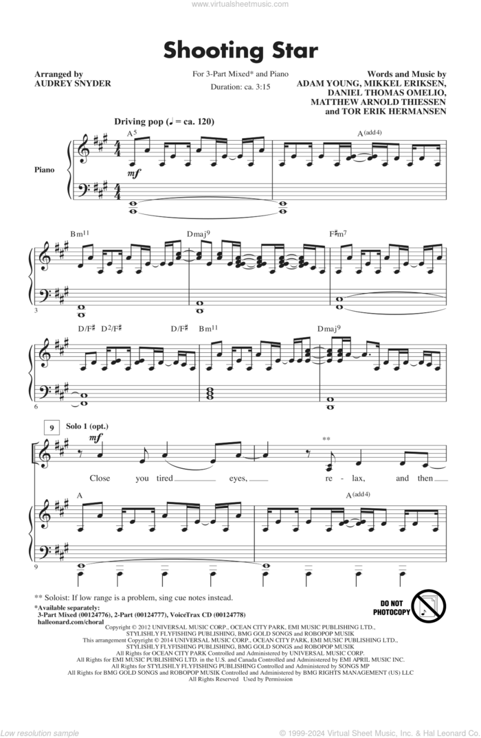 Shooting Star sheet music for choir (3-Part Mixed) by Audrey Snyder and Owl City, intermediate skill level