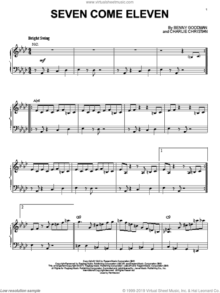 Seven Come Eleven sheet music for piano solo by Benny Goodman and Charlie Christian, intermediate skill level
