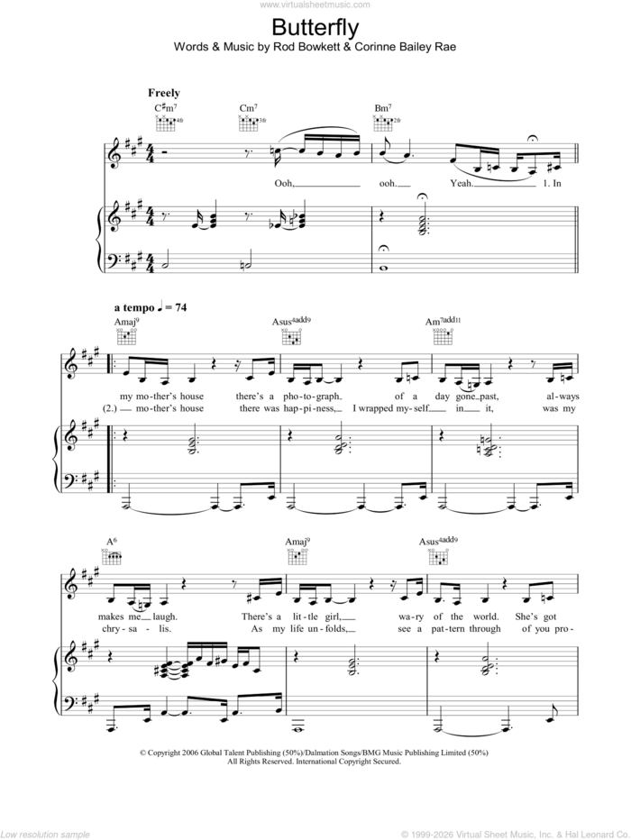 Butterfly sheet music for voice, piano or guitar by Corinne Bailey Rae and Rod Bowkett, intermediate skill level
