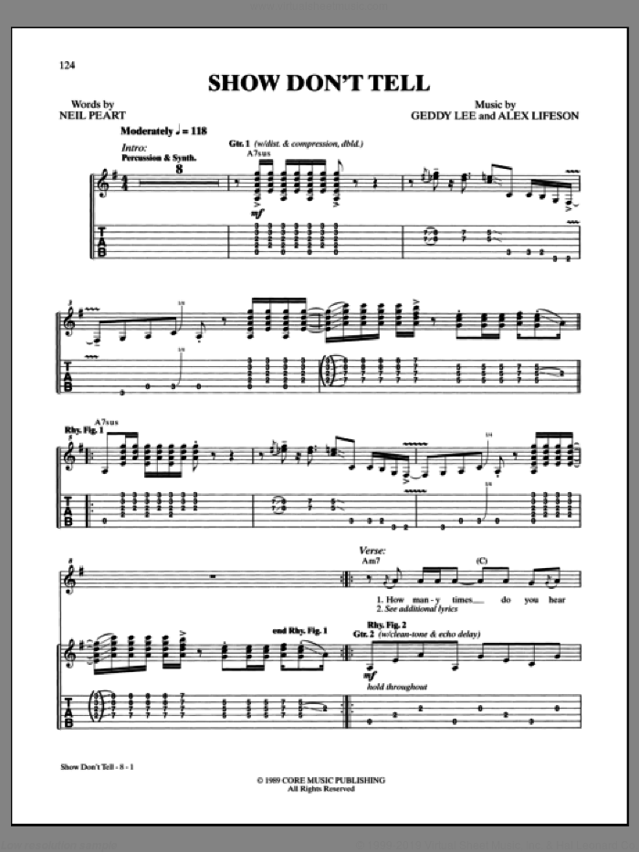 Show Don't Tell sheet music for guitar (tablature) by Rush, intermediate skill level