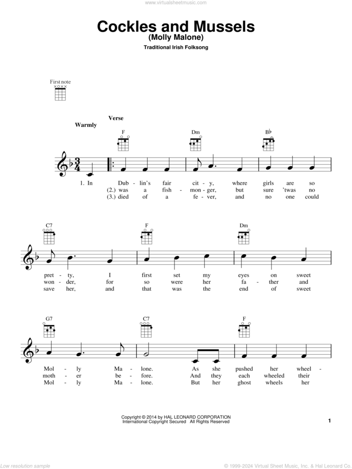 Cockles And Mussels (Molly Malone) sheet music for ukulele by Traditional Irish Folksong, intermediate skill level