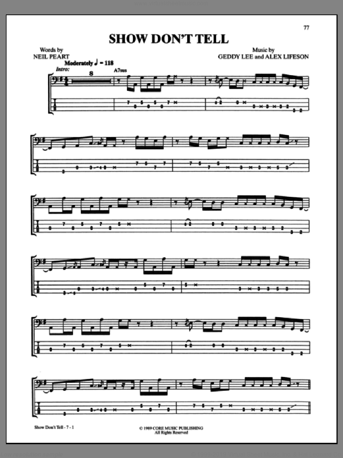 Show Don't Tell sheet music for bass (tablature) (bass guitar) by Rush, intermediate skill level