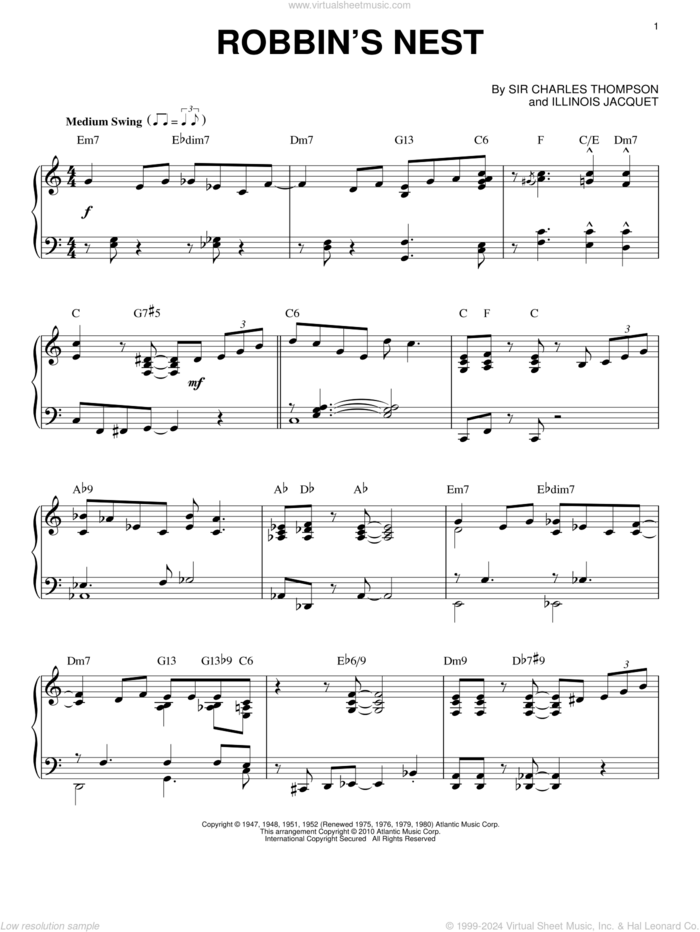 Robbin's Nest sheet music for piano solo by Sir Charles Thompson, intermediate skill level