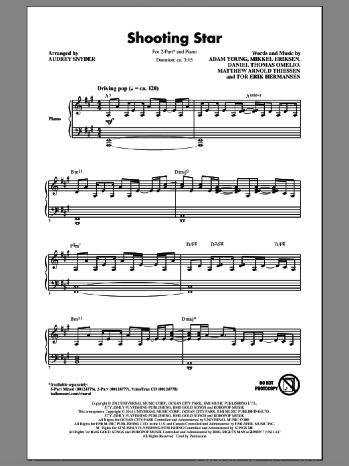 Shooting Star sheet music for choir (2-Part) by Audrey Snyder and Owl City, intermediate duet