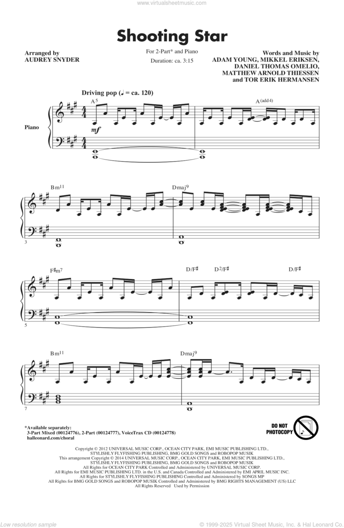 Shooting Star sheet music for choir (2-Part) by Audrey Snyder and Owl City, intermediate duet