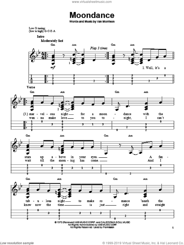 Moondance sheet music for ukulele by Van Morrison, intermediate skill level