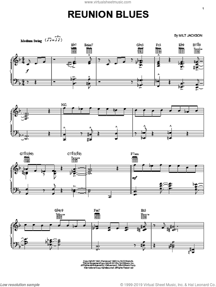 Reunion Blues sheet music for voice, piano or guitar by Milt Jackson, intermediate skill level