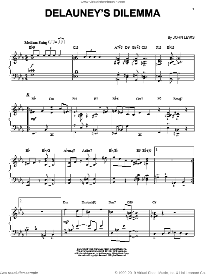 Delauney's Dilemma sheet music for piano solo by John Lewis, intermediate skill level