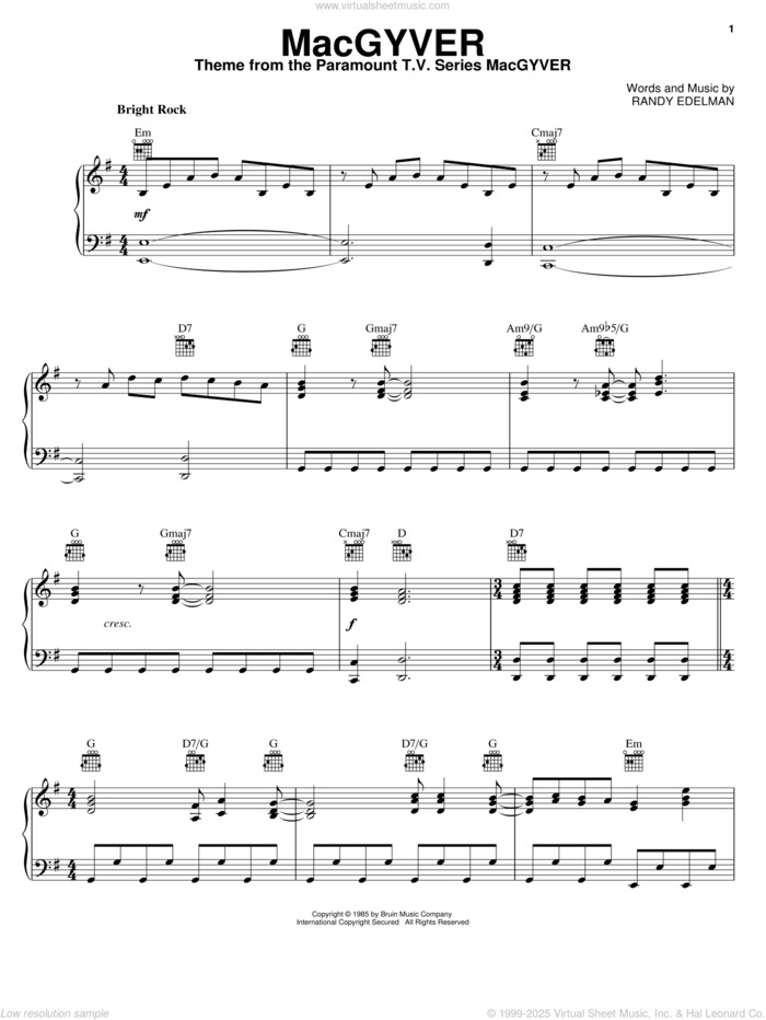 MacGyver sheet music for voice, piano or guitar by Randy Edelman, intermediate skill level