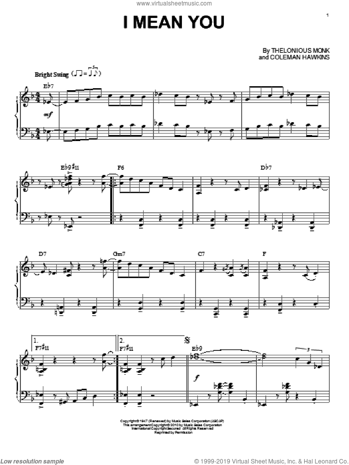 I Mean You sheet music for piano solo by Thelonious Monk, intermediate skill level