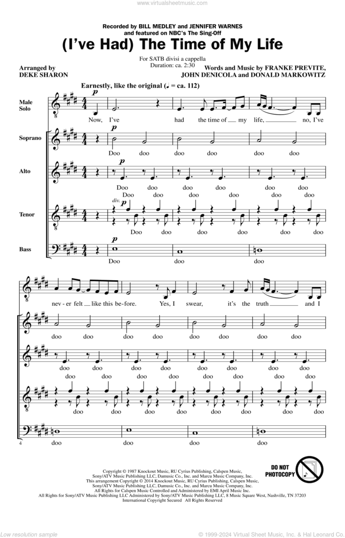 (I've Had) The Time Of My Life (arr. Deke Sharon) sheet music for choir (SATB: soprano, alto, tenor, bass) by Deke Sharon, Bill Medley & Jennifer Warnes, Bill Medley, Donald Markowitz, Franke Previte and John DeNicola, intermediate skill level