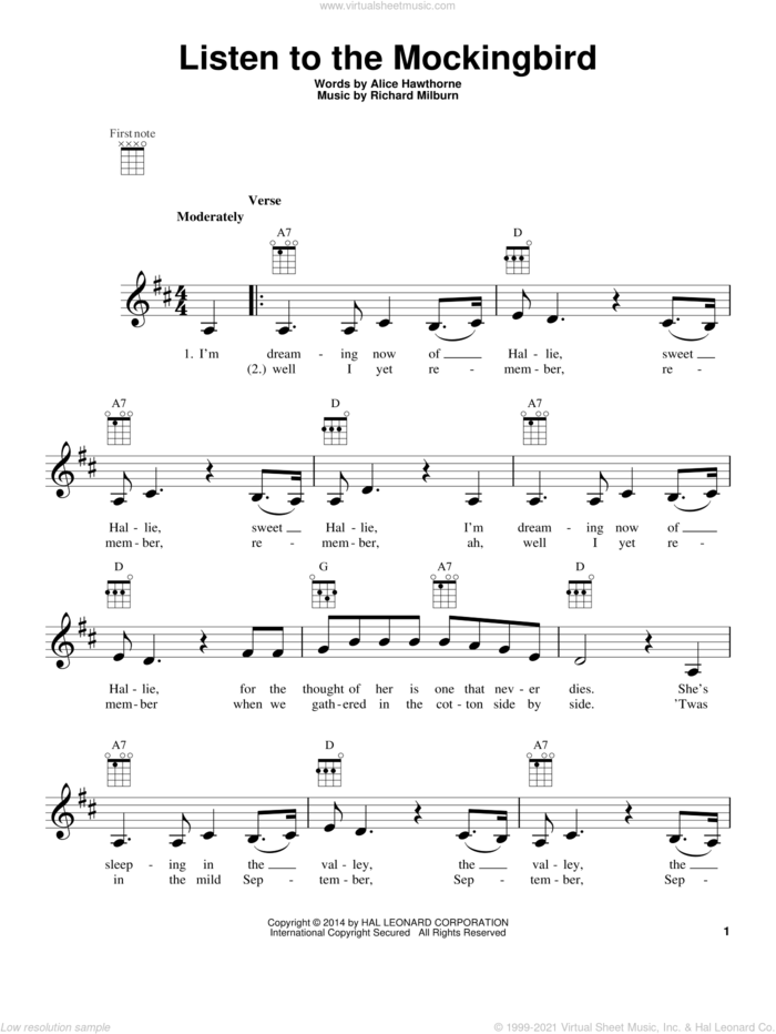 Listen To The Mocking Bird sheet music for ukulele by Alice Hawthorne, intermediate skill level