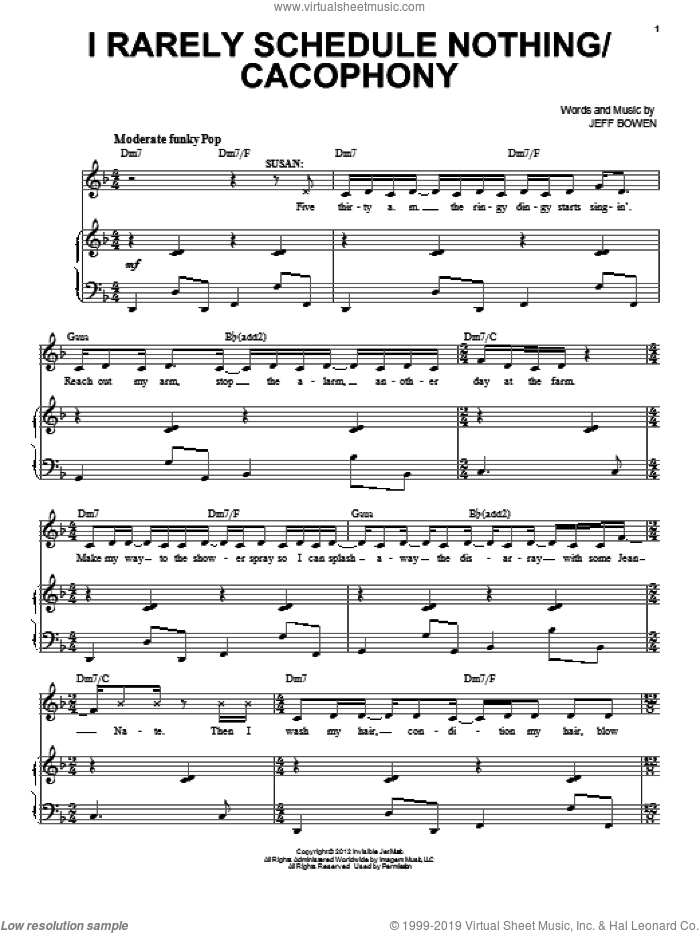 I Rarely Schedule Nothing/Cacophony sheet music for voice, piano or guitar by Jeff Bowen, intermediate skill level