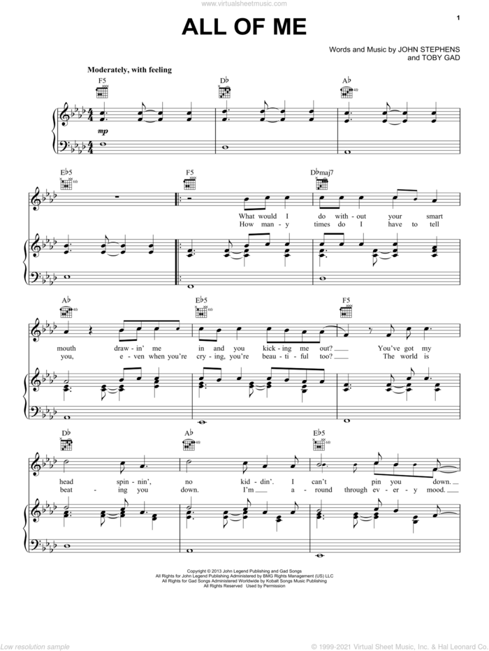 All Of Me sheet music for voice, piano or guitar by John Legend, wedding score, intermediate skill level