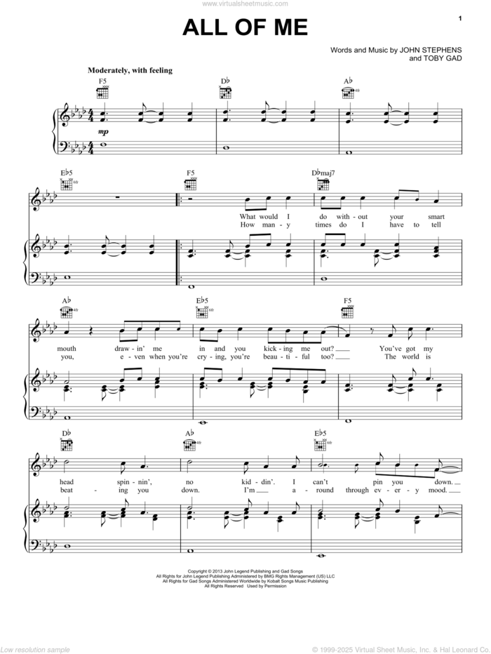 All Of Me sheet music for voice, piano or guitar by John Legend, wedding score, intermediate skill level