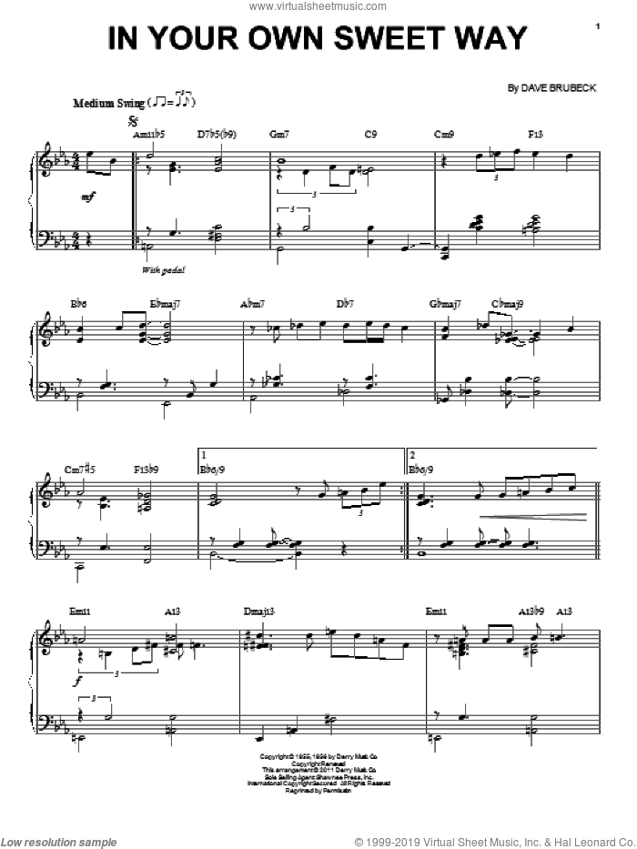 In Your Own Sweet Way sheet music for voice, piano or guitar by Dave Brubeck, intermediate skill level