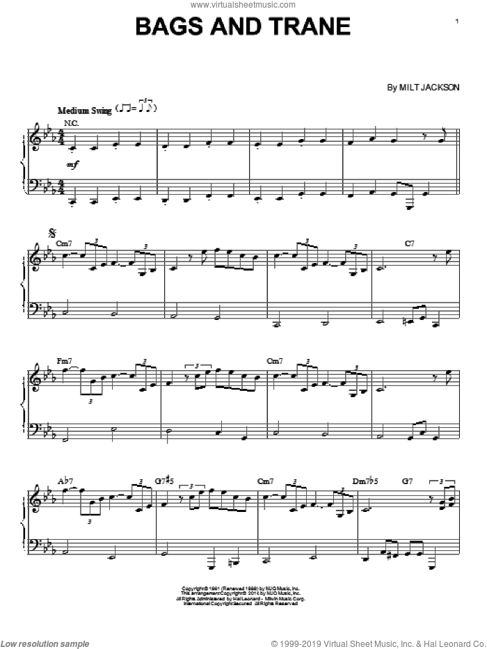 Bags And Trane sheet music for piano solo by Milt Jackson, intermediate skill level