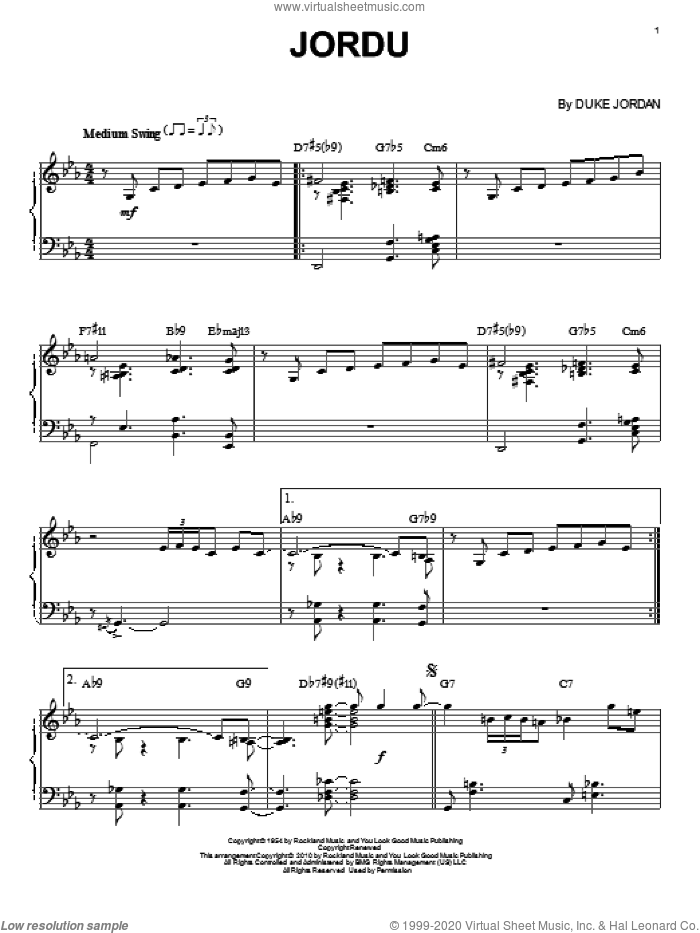 Jordu sheet music for piano solo by Duke Jordan, intermediate skill level