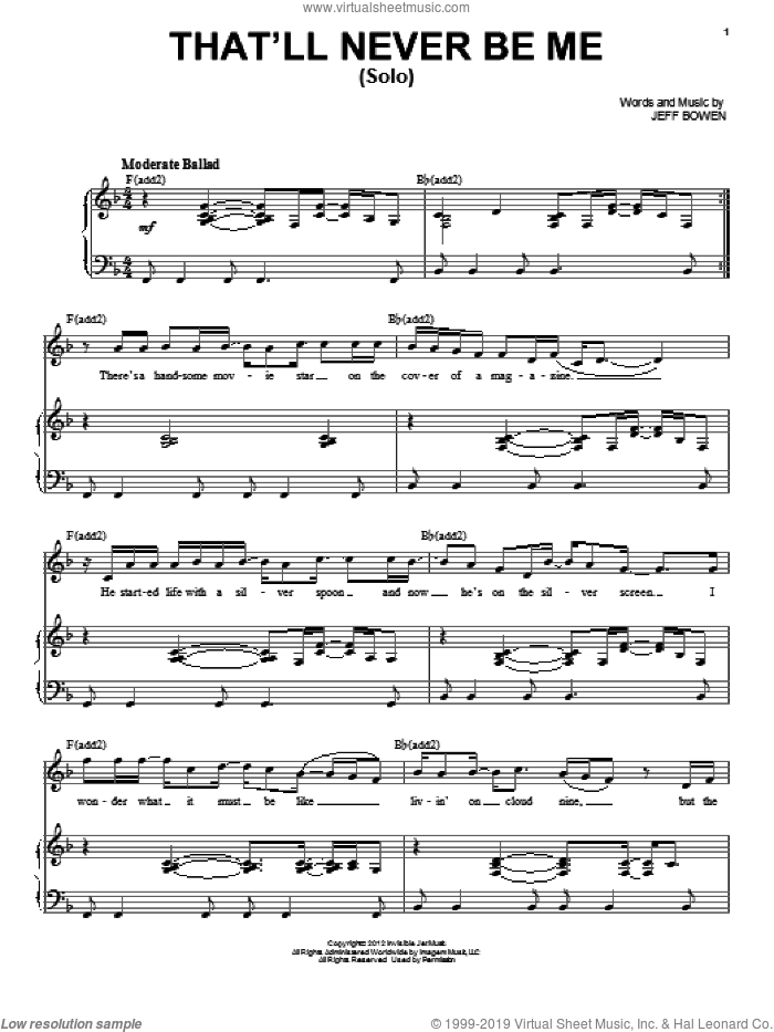 That'll Never Be Me (Solo) sheet music for voice, piano or guitar by Jeff Bowen, intermediate skill level