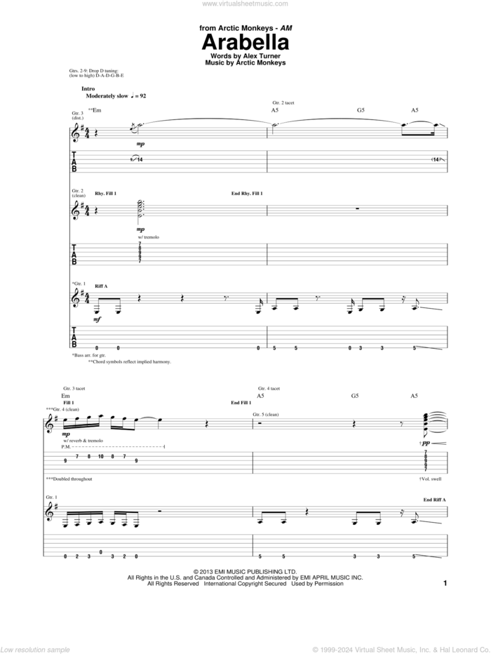Arabella sheet music for guitar (tablature) by Arctic Monkeys, intermediate skill level