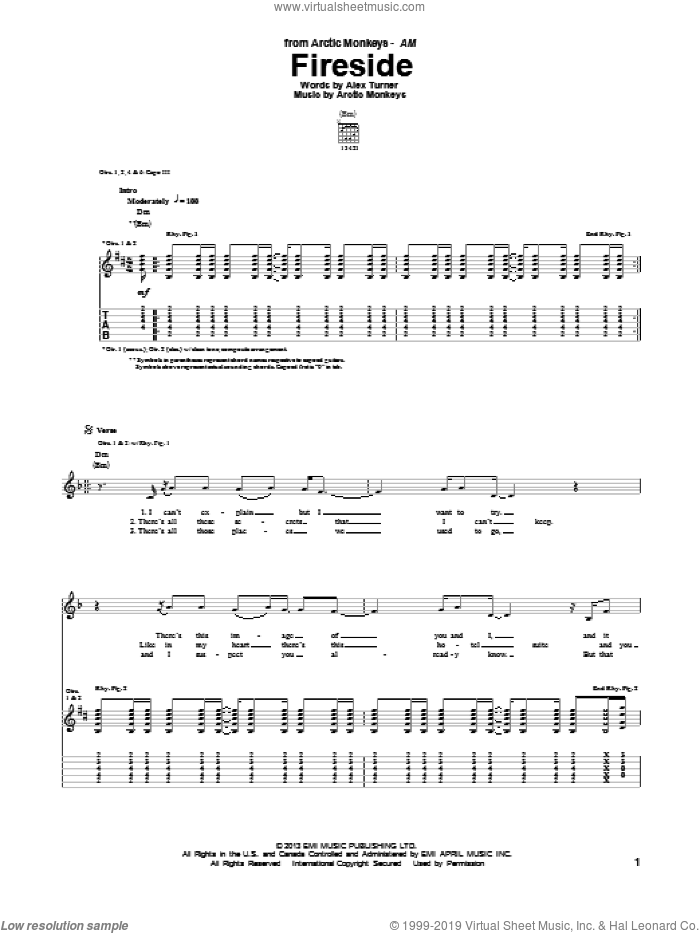 Fireside sheet music for guitar (tablature) by Arctic Monkeys, intermediate skill level