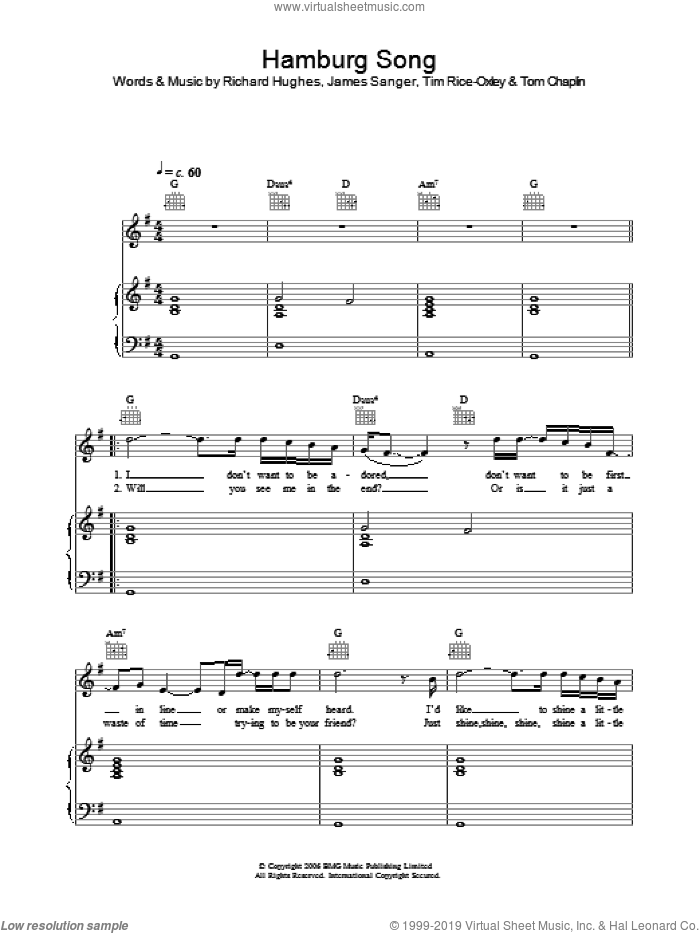 Hamburg Song sheet music for voice, piano or guitar by Tim Rice-Oxley, James Sanger, Richard Hughes and Tom Chaplin, intermediate skill level