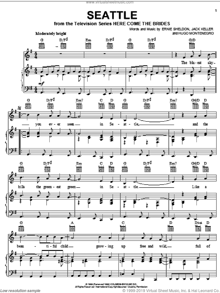 Seattle sheet music for voice, piano or guitar by Ernie Sheldon, Hugo Montenegro and Jack Keller, intermediate skill level