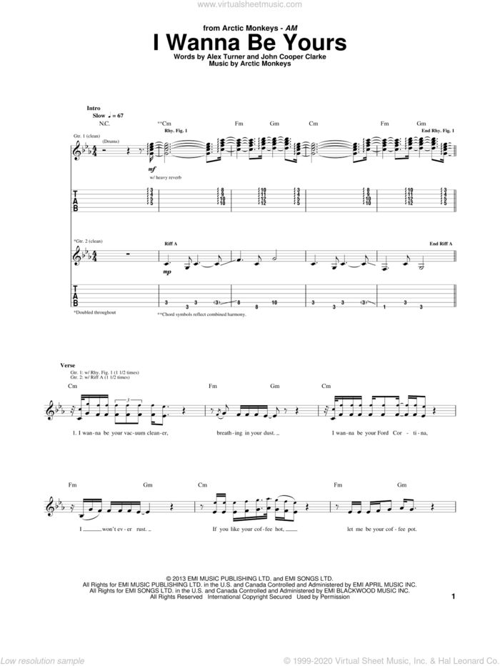 I Wanna Be Yours sheet music for guitar (tablature) by Arctic Monkeys, intermediate skill level