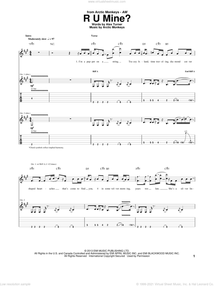 R U Mine? sheet music for guitar (tablature) by Arctic Monkeys, intermediate skill level