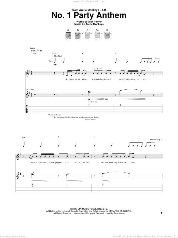 No. 1 Party Anthem sheet music for guitar (tablature) by Arctic Monkeys, intermediate skill level