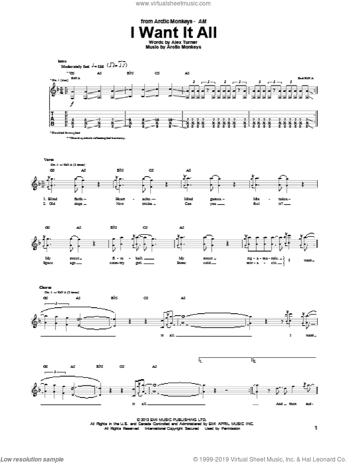 I Want It All sheet music for guitar (tablature) by Arctic Monkeys, intermediate skill level