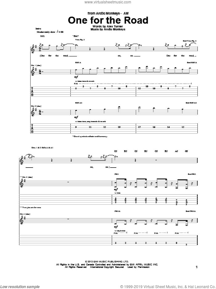 One For The Road sheet music for guitar (tablature) by Arctic Monkeys, intermediate skill level