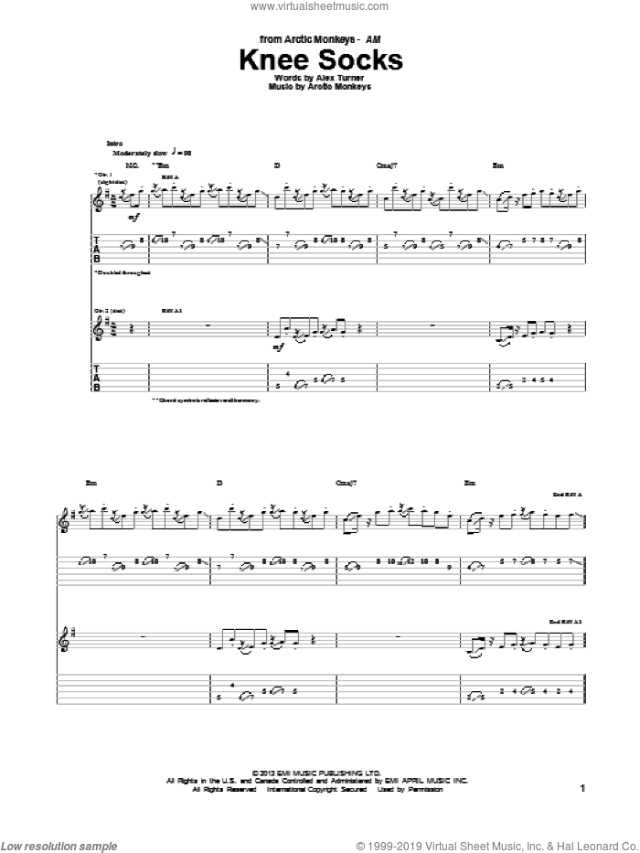 Knee Socks sheet music for guitar (tablature) by Arctic Monkeys, intermediate skill level