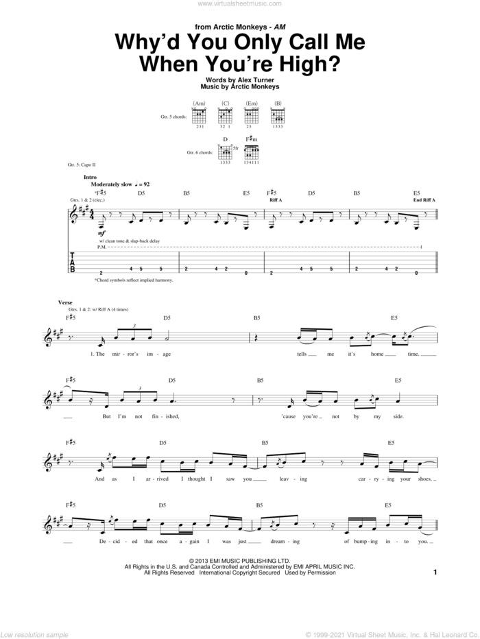Why'd You Only Call Me When You're High? sheet music for guitar (tablature) by Arctic Monkeys, intermediate skill level