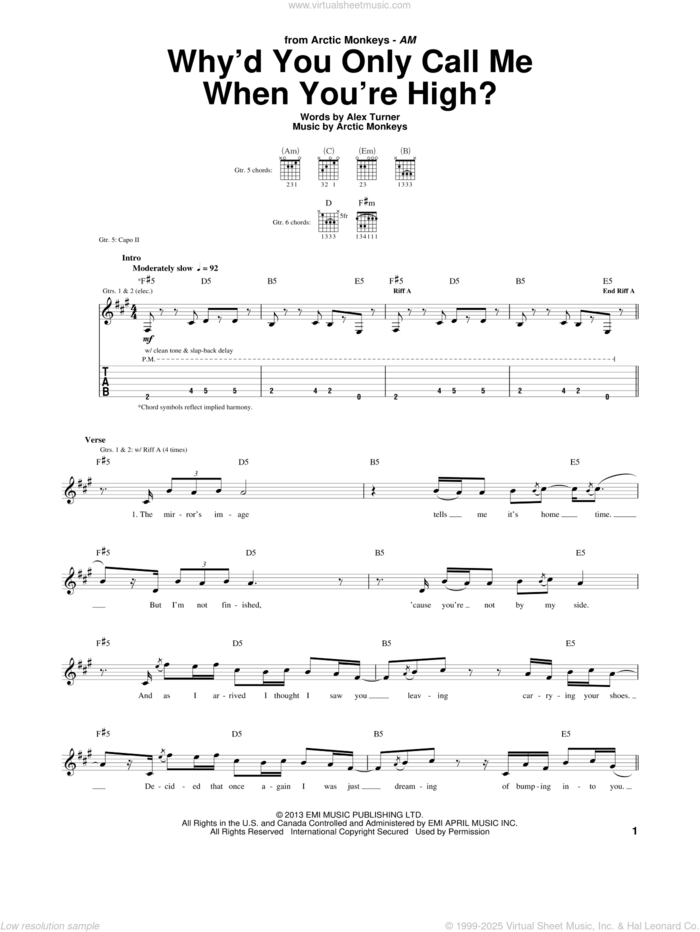 Why'd You Only Call Me When You're High? sheet music for guitar (tablature) by Arctic Monkeys, intermediate skill level