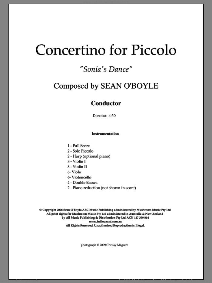 Sonia's Dance Concertino for Piccolo (COMPLETE) sheet music for orchestra by Sean O'Boyle, intermediate skill level