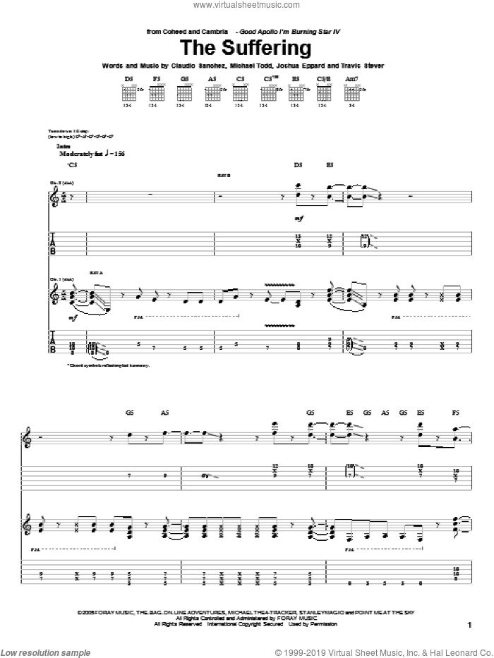 The Suffering sheet music for guitar (tablature) by Coheed And Cambria, Claudio Sanchez, Joshua Eppard, Michael Todd and Travis Stever, intermediate skill level