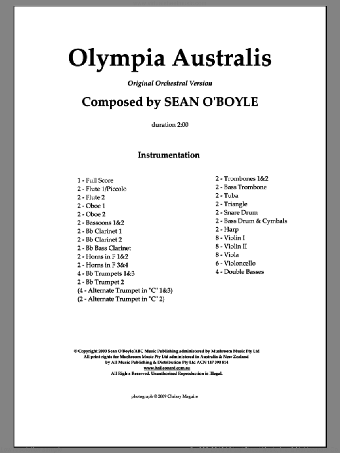 Olympia Australis (Orchestra) (COMPLETE) sheet music for orchestra by Sean O'Boyle, intermediate skill level