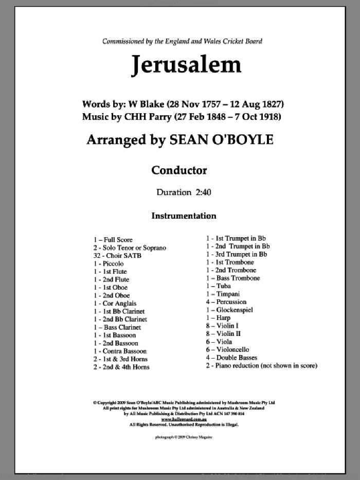 Jerusalem (in key of F) (COMPLETE) sheet music for orchestra by Sean O'Boyle, intermediate skill level