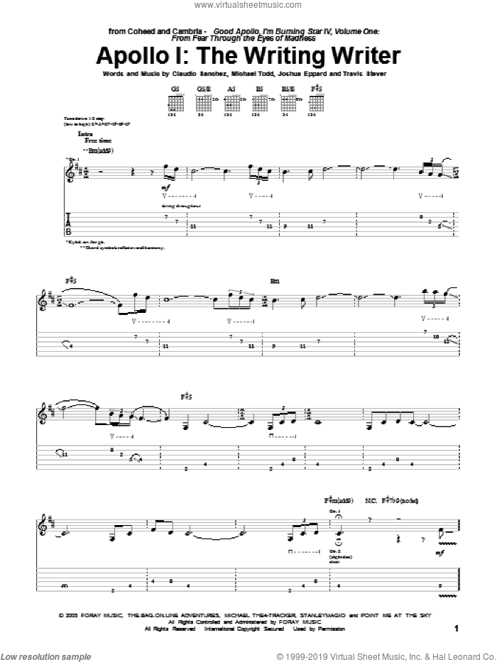 Apollo I: The Writing Writer sheet music for guitar (tablature) by Coheed And Cambria, Claudio Sanchez, Joshua Eppard, Michael Todd and Travis Stever, intermediate skill level