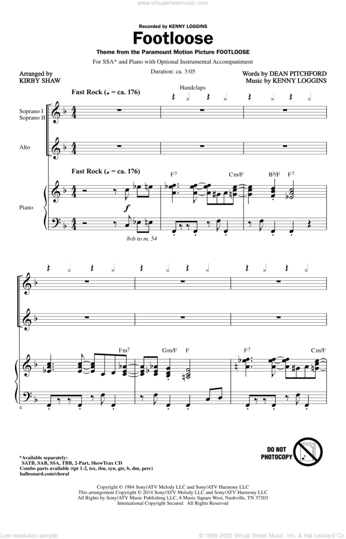Footloose sheet music for choir (SSA: soprano, alto) by Kirby Shaw and Kenny Loggins, intermediate skill level