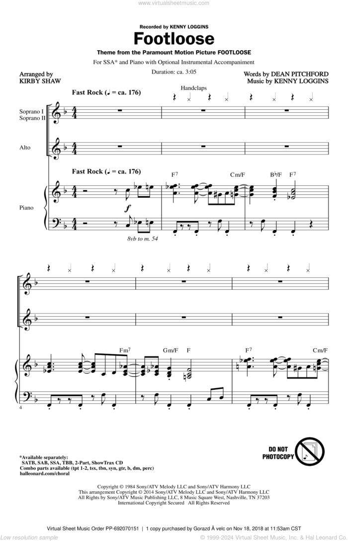 Footloose sheet music for choir (SSA: soprano, alto) by Kirby Shaw and Kenny Loggins, intermediate skill level