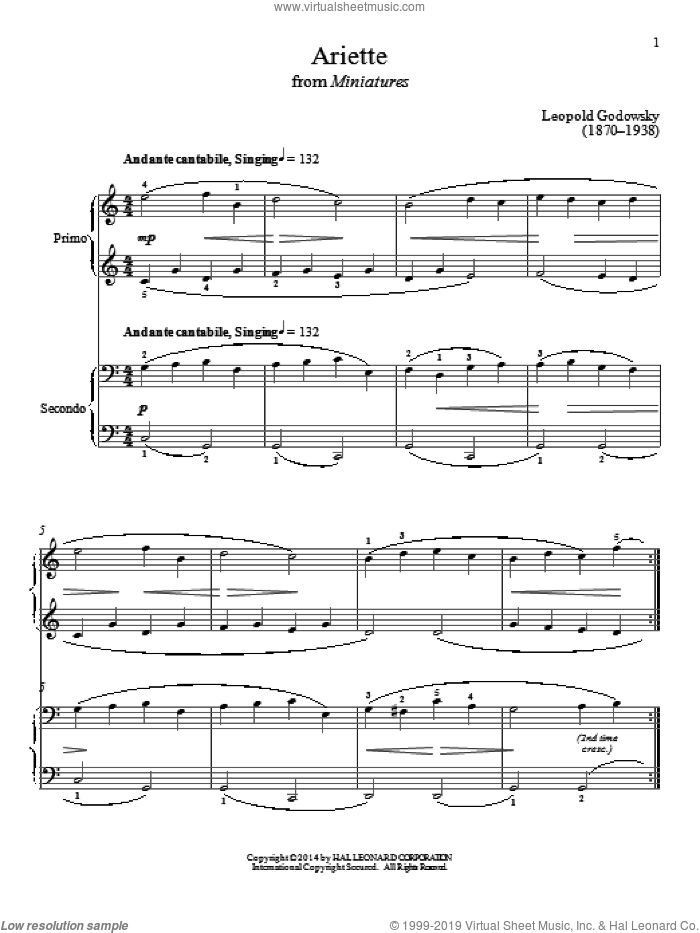 Ariette sheet music for piano four hands by Bradley Beckman and Carolyn True, intermediate skill level